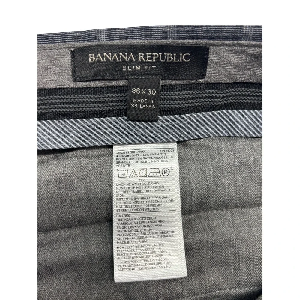 Banana Republic 36x30 Gray Windowpane Linen Dress Pants Trousers Flat Front Slim